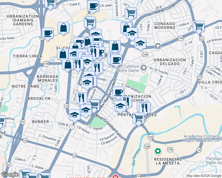 map of restaurants, bars, coffee shops, grocery stores, and more near 1-3 Calle Campio Alonso in Caguas