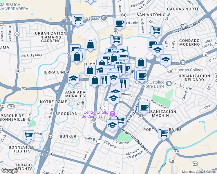 map of restaurants, bars, coffee shops, grocery stores, and more near 42 Muñoz Rivera in Caguas