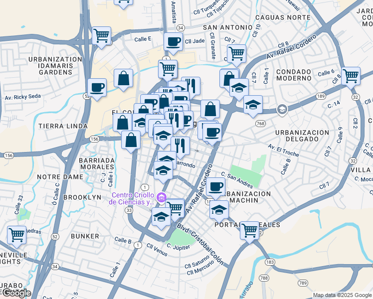 map of restaurants, bars, coffee shops, grocery stores, and more near 35 Calle Ruiz Belvis in Caguas