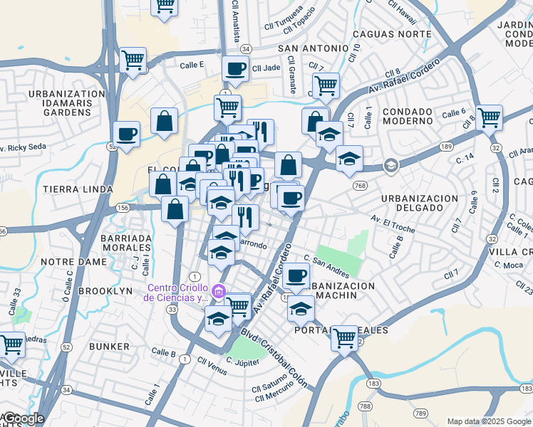 map of restaurants, bars, coffee shops, grocery stores, and more near 35 Calle Ruiz Belvis in Caguas