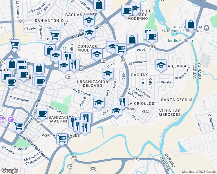 map of restaurants, bars, coffee shops, grocery stores, and more near 1 Calle 9 in Caguas