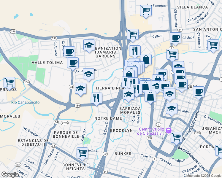 map of restaurants, bars, coffee shops, grocery stores, and more near 1-17 Calle Zaragoza in Caguas