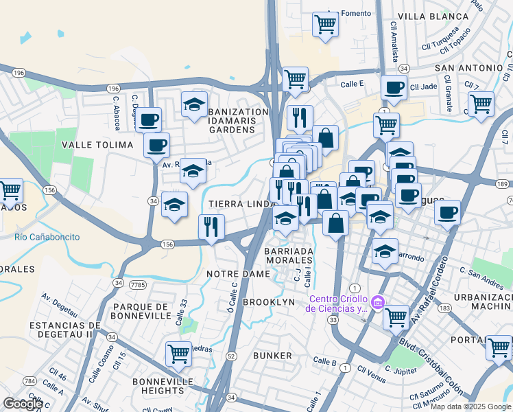 map of restaurants, bars, coffee shops, grocery stores, and more near 17 Calle Zaragoza in Caguas