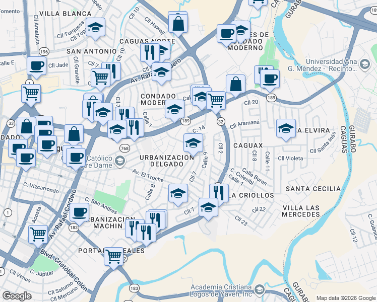 map of restaurants, bars, coffee shops, grocery stores, and more near 24 Calle 3 in Caguas