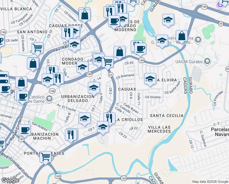 map of restaurants, bars, coffee shops, grocery stores, and more near E-9 Avenida Luis Muñoz Marín in Caguas