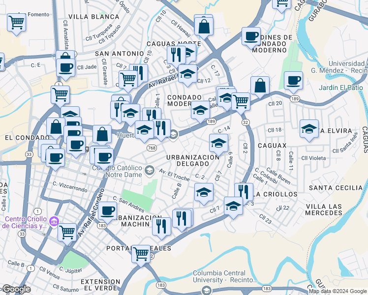 map of restaurants, bars, coffee shops, grocery stores, and more near Calle B in Caguas