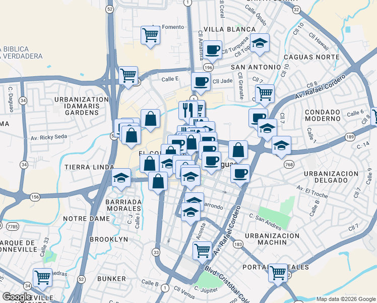map of restaurants, bars, coffee shops, grocery stores, and more near Calle Nazario in Caguas