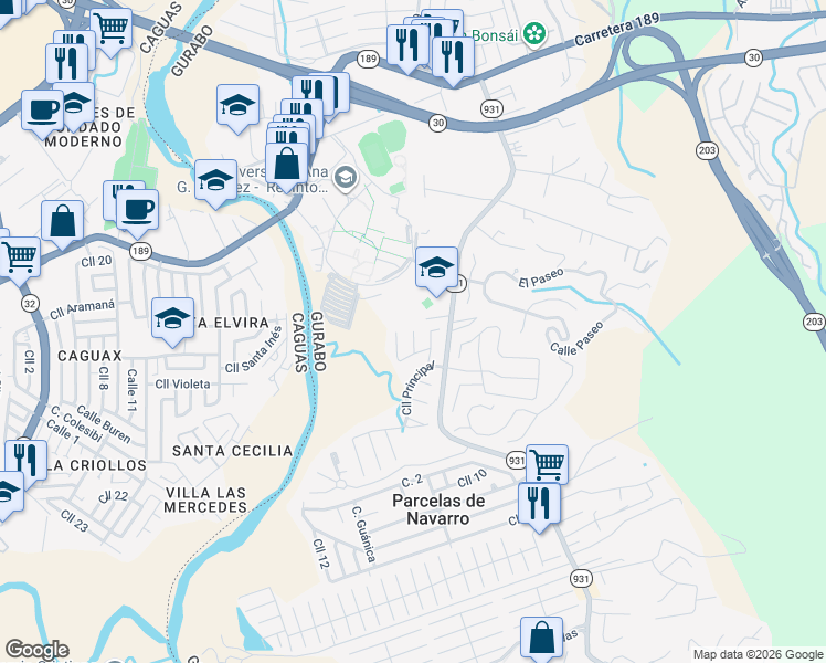 map of restaurants, bars, coffee shops, grocery stores, and more near Plaza 2 in Caguas