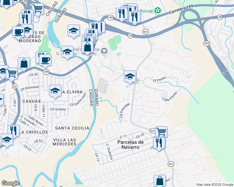 map of restaurants, bars, coffee shops, grocery stores, and more near Plaza 2 in Caguas