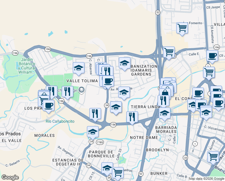 map of restaurants, bars, coffee shops, grocery stores, and more near Calle B in Caguas
