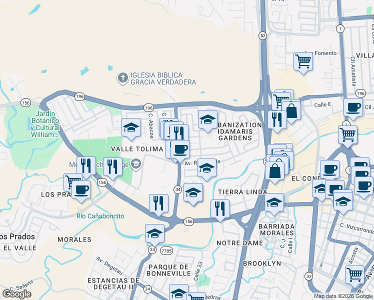 map of restaurants, bars, coffee shops, grocery stores, and more near Calle Principal in Caguas