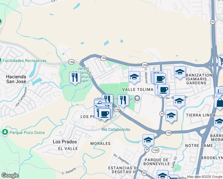 map of restaurants, bars, coffee shops, grocery stores, and more near Route 156 in Caguas