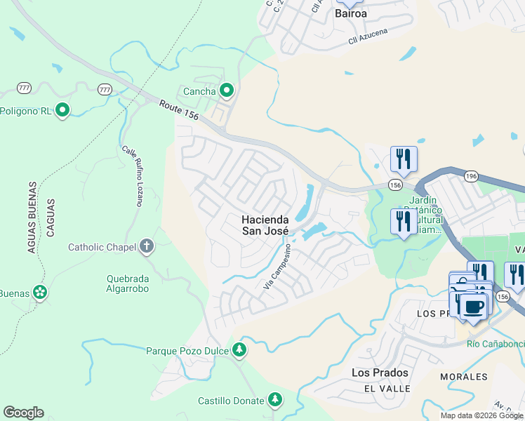 map of restaurants, bars, coffee shops, grocery stores, and more near Via Primaveral in Caguas