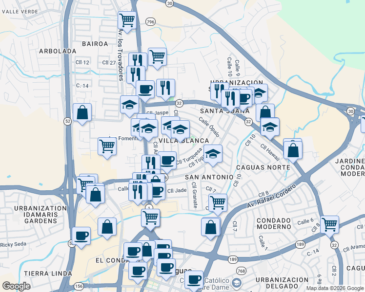 map of restaurants, bars, coffee shops, grocery stores, and more near in Caguas