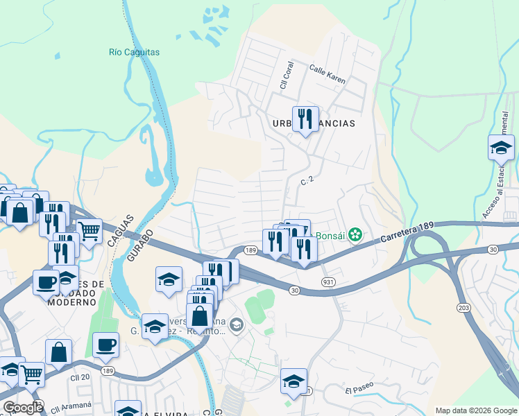 map of restaurants, bars, coffee shops, grocery stores, and more near Calle 7 in Caguas