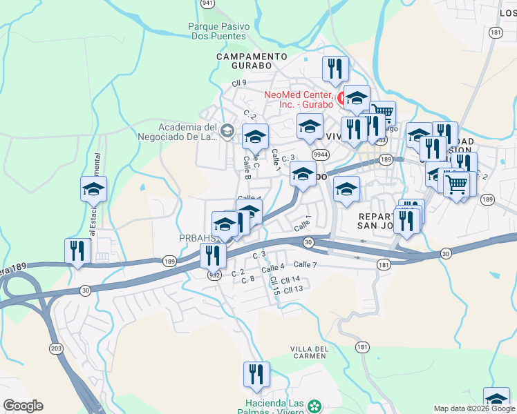 map of restaurants, bars, coffee shops, grocery stores, and more near 28 Calle 3 in Gurabo