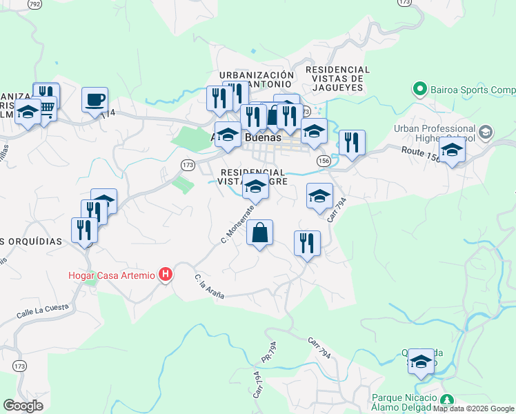 map of restaurants, bars, coffee shops, grocery stores, and more near Calle Monserrate in Caguas