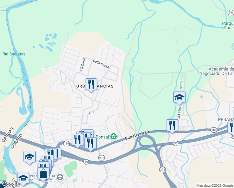 map of restaurants, bars, coffee shops, grocery stores, and more near Calle Ruiseñor in Gurabo