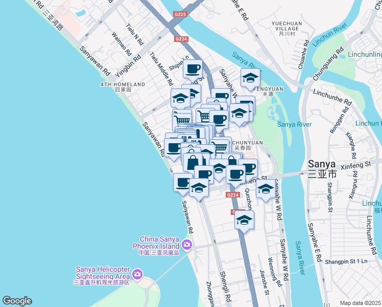 map of restaurants, bars, coffee shops, grocery stores, and more near in Sanya