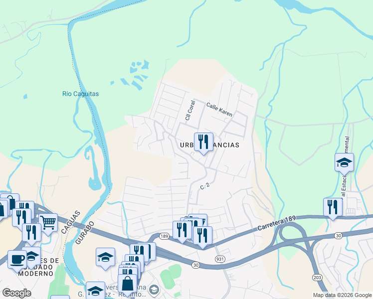 map of restaurants, bars, coffee shops, grocery stores, and more near Cam Vecinal in Caguas