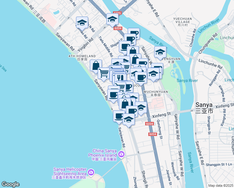 map of restaurants, bars, coffee shops, grocery stores, and more near in Sanya