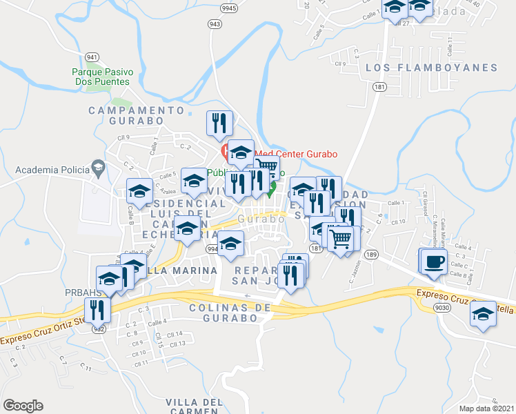 map of restaurants, bars, coffee shops, grocery stores, and more near Calle 6 in Gurabo