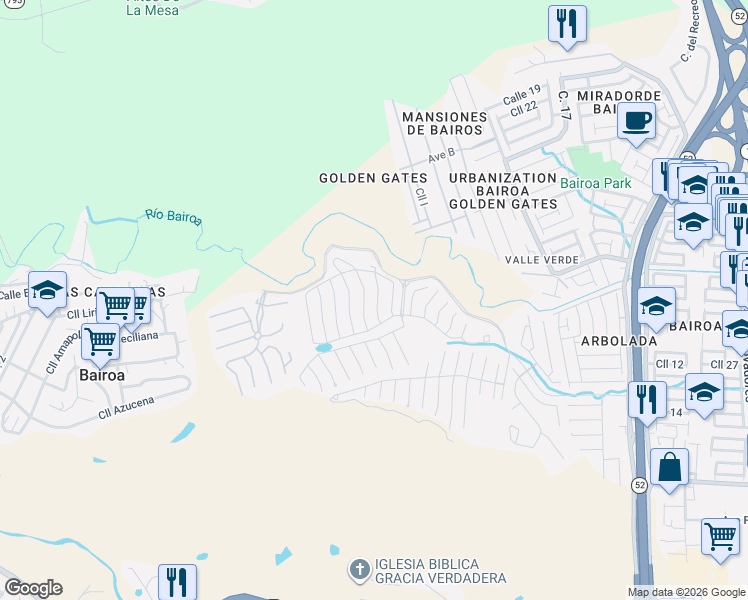 map of restaurants, bars, coffee shops, grocery stores, and more near 336 Calle Albacete in Caguas
