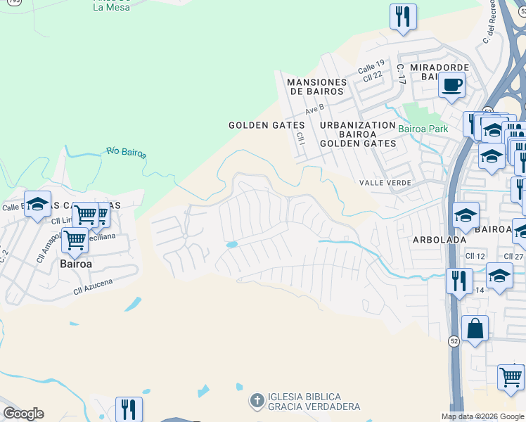 map of restaurants, bars, coffee shops, grocery stores, and more near 336 Calle Albacete in Caguas