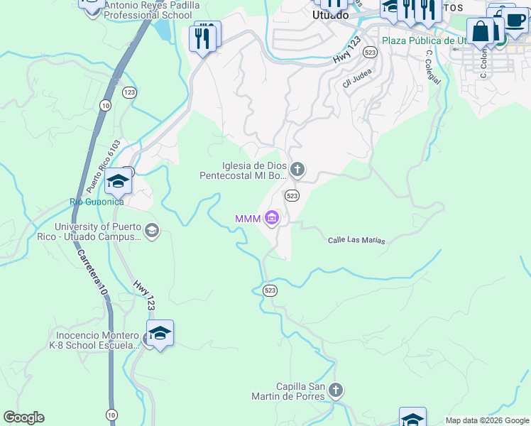 map of restaurants, bars, coffee shops, grocery stores, and more near Puerto Rico 6102 in Utuado