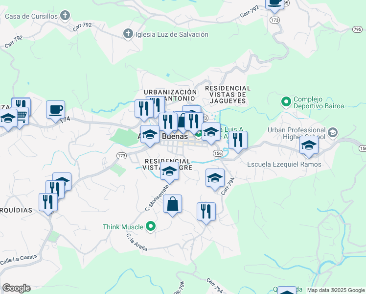 map of restaurants, bars, coffee shops, grocery stores, and more near Calle Monserrate in Aguas Buenas