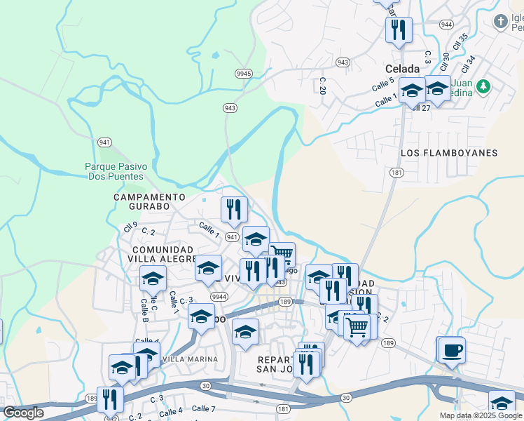 map of restaurants, bars, coffee shops, grocery stores, and more near Calle Santiago in Gurabo