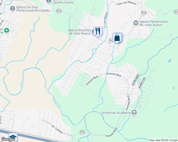 map of restaurants, bars, coffee shops, grocery stores, and more near Calle Jazmin in Hato Nuevo