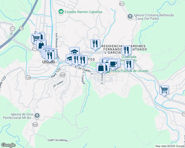 map of restaurants, bars, coffee shops, grocery stores, and more near 49 Calle Doutor Cueto in Utuado