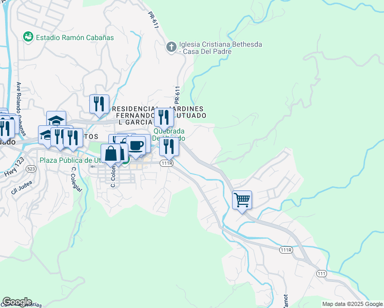 map of restaurants, bars, coffee shops, grocery stores, and more near Avenida Mayor Fernando L. Ribas Dominicci in Utuado