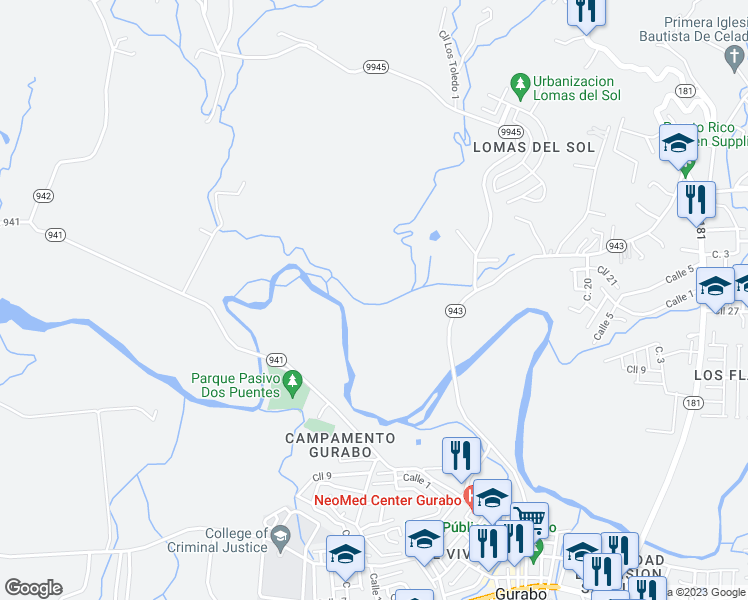 map of restaurants, bars, coffee shops, grocery stores, and more near Calle Santiago in Gurabo