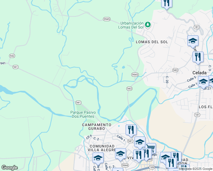 map of restaurants, bars, coffee shops, grocery stores, and more near Calle Santiago in Gurabo