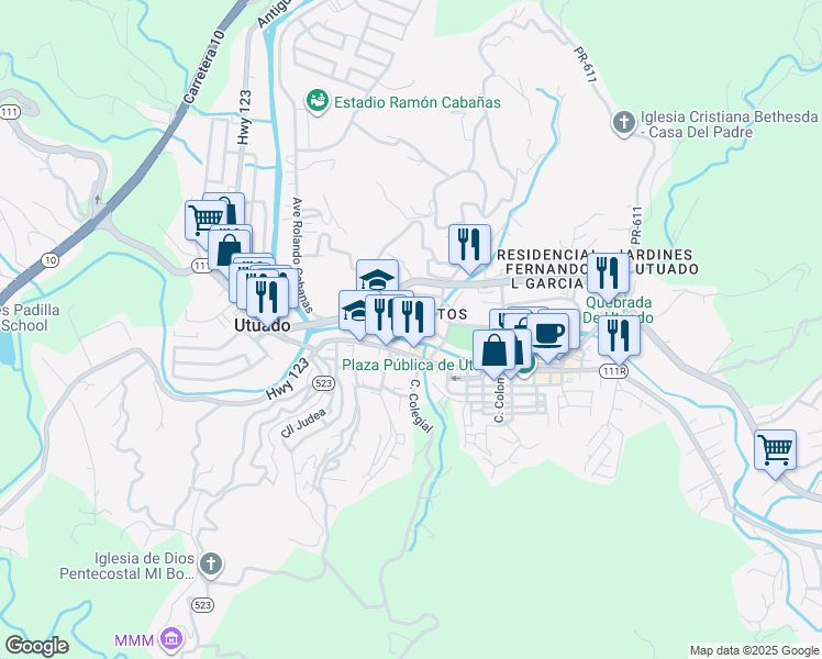 map of restaurants, bars, coffee shops, grocery stores, and more near Calle Robles in Utuado