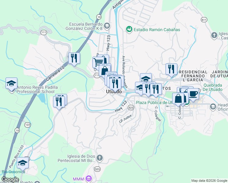 map of restaurants, bars, coffee shops, grocery stores, and more near in Utuado
