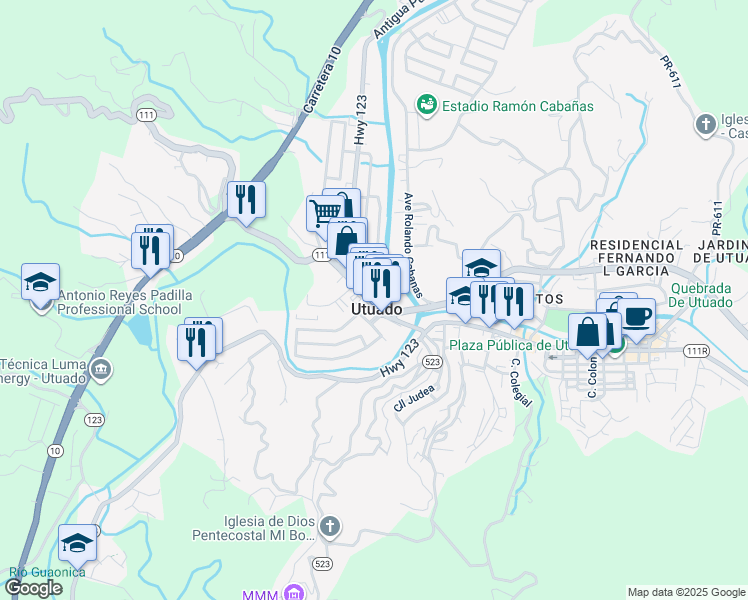map of restaurants, bars, coffee shops, grocery stores, and more near Calle Maria M Fernandez Cruz in Utuado