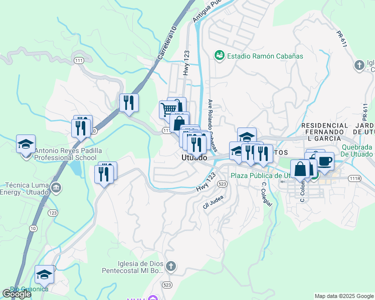 map of restaurants, bars, coffee shops, grocery stores, and more near Calle Maria M Fernandez Cruz in Utuado