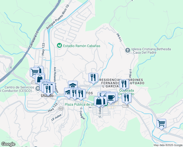 map of restaurants, bars, coffee shops, grocery stores, and more near Avenida Mayor Fernando L. Ribas Dominicci in Utuado