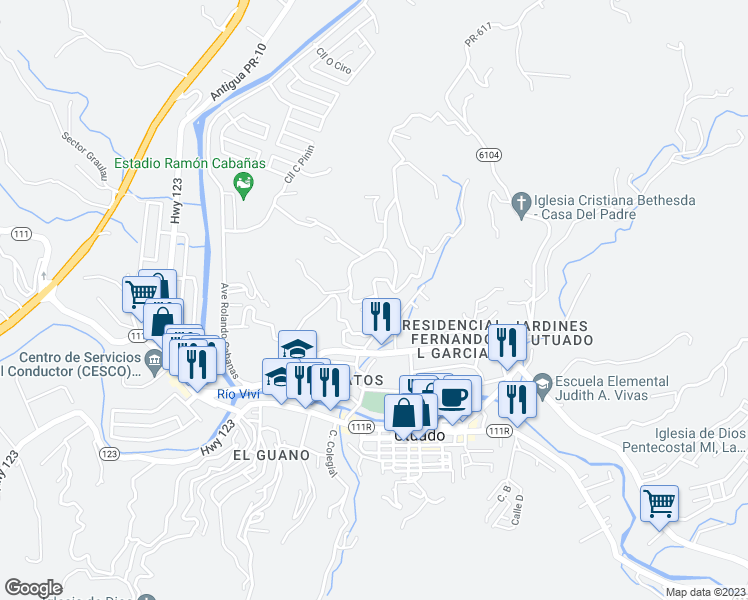 map of restaurants, bars, coffee shops, grocery stores, and more near Avenida Mayor Fernando L. Ribas Dominicci in Utuado