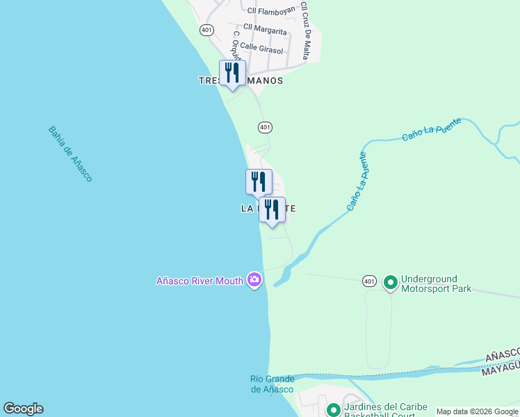 map of restaurants, bars, coffee shops, grocery stores, and more near Highway 401 in Añasco
