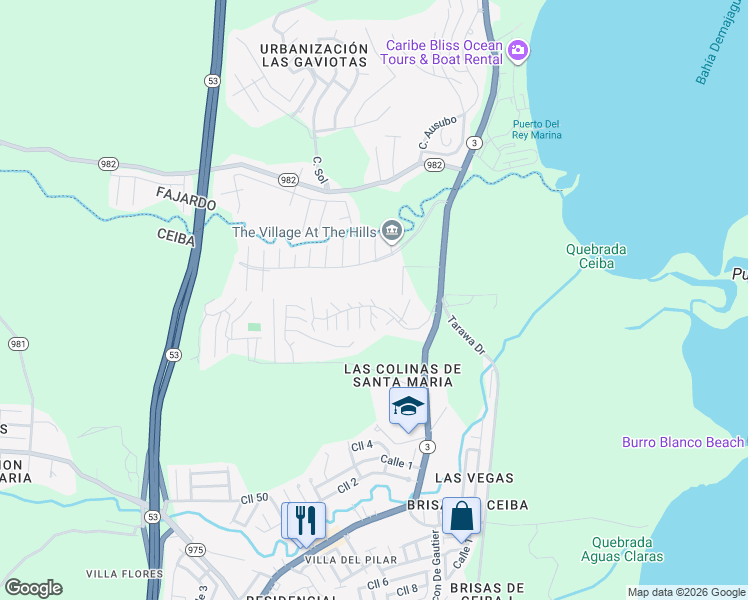 map of restaurants, bars, coffee shops, grocery stores, and more near Calle Sandy Cay in Ceiba