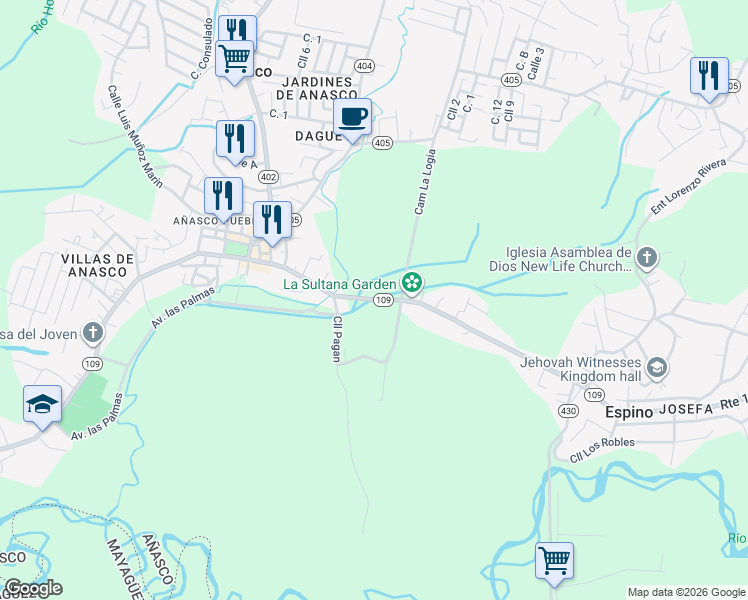 map of restaurants, bars, coffee shops, grocery stores, and more near Calle 65 De Infanteria in Añasco