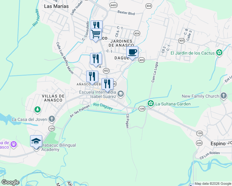 map of restaurants, bars, coffee shops, grocery stores, and more near Calle María Monagas in Añasco