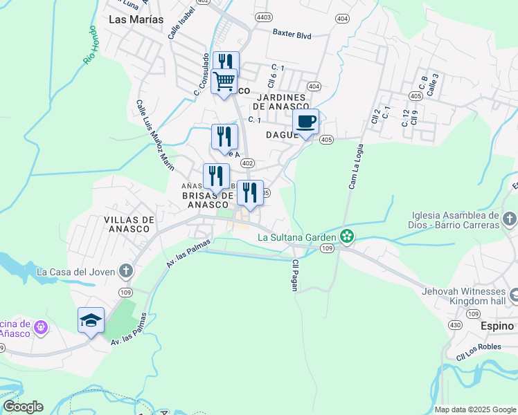 map of restaurants, bars, coffee shops, grocery stores, and more near Calle María Monagas in Añasco