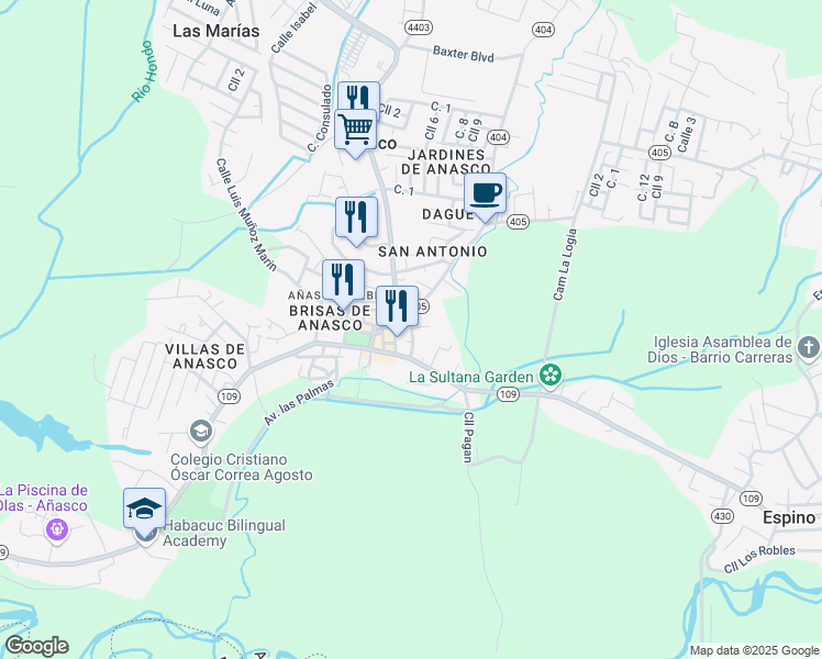 map of restaurants, bars, coffee shops, grocery stores, and more near Calle María Monagas in Añasco