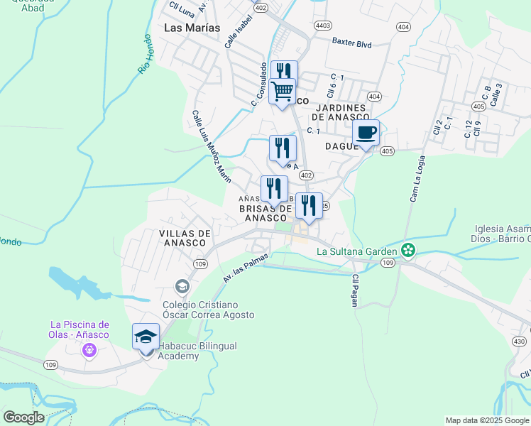 map of restaurants, bars, coffee shops, grocery stores, and more near in Anasco