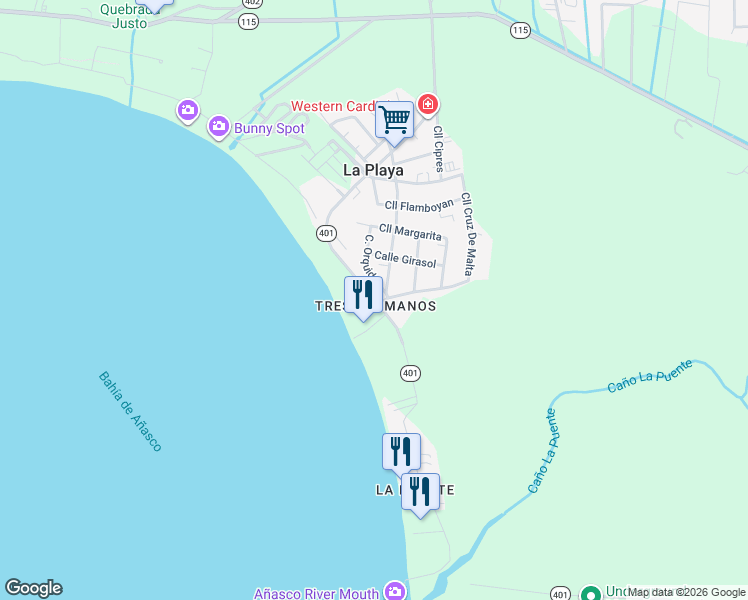 map of restaurants, bars, coffee shops, grocery stores, and more near Highway 401 in Añasco
